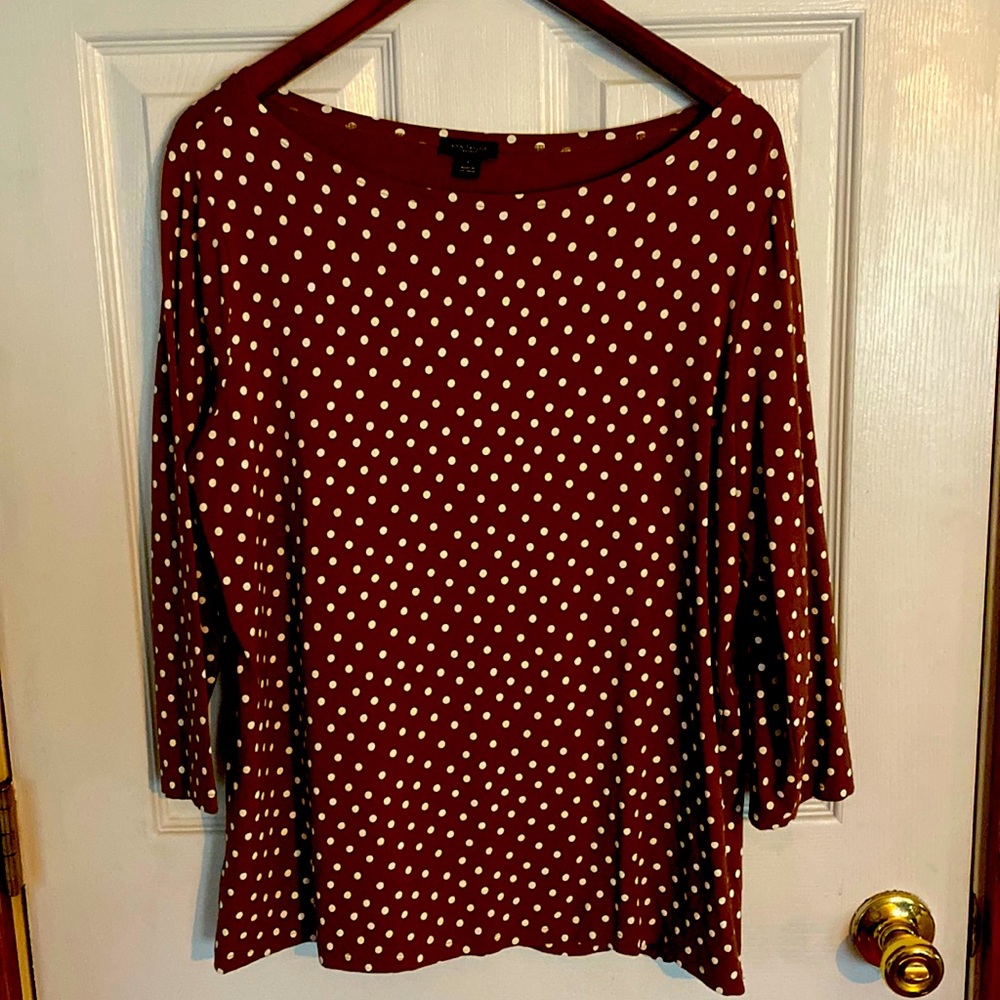 Ann Taylor 3/4 sleeve top.  Brown w polka dots size L